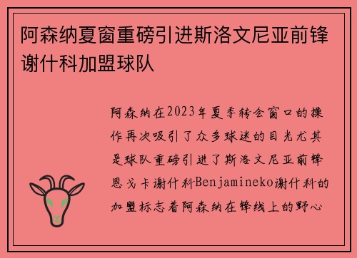 阿森纳夏窗重磅引进斯洛文尼亚前锋谢什科加盟球队